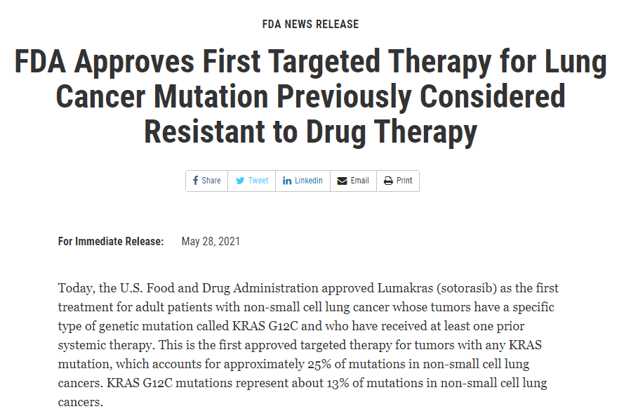FDA批准Lumakras治疗KRAS G12C突变非小细胞肺癌
