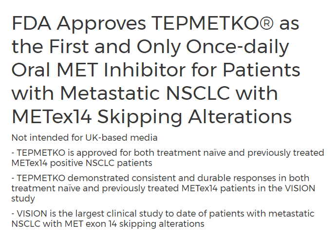 FDA批准Tepmetko治疗METex14突变非小细胞肺癌