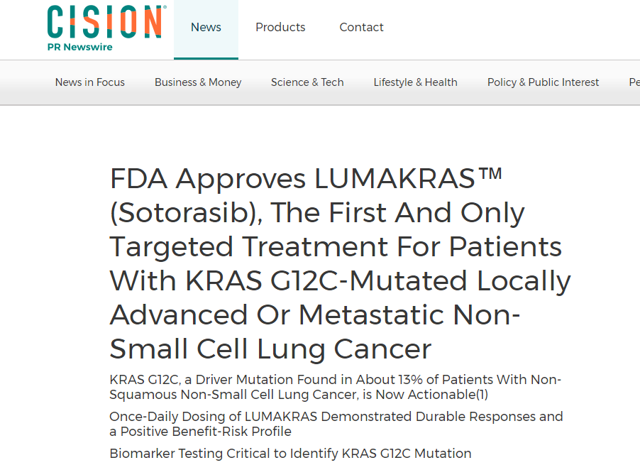 KRAS突变肺癌靶向新药Lumakras